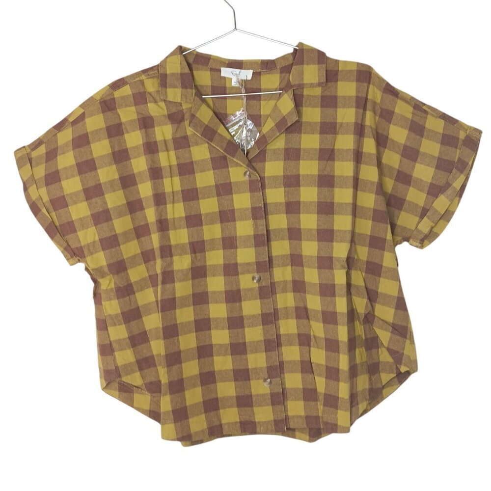 New Easel Mustard Gingham Plaid Cropped Button Front Shirt S-L 100% Cotton - Picture 4 of 13